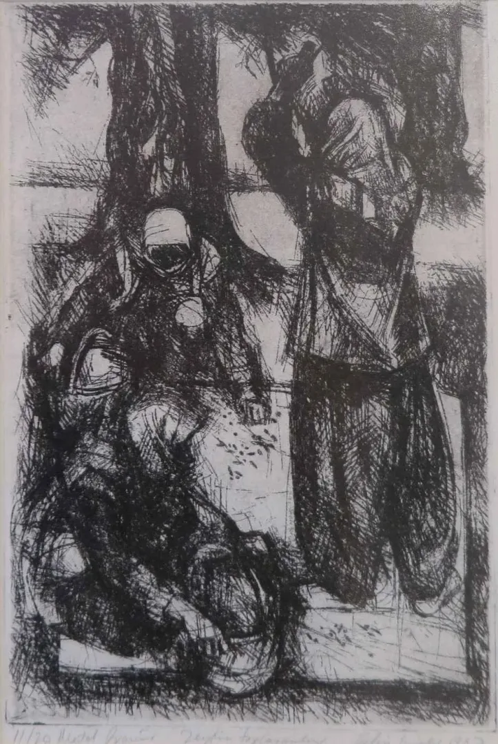 yakınlaştır "Zeytin Toplayıcıları" eseri FAHRİ SÜMER tarafından 1987 yılında 25x18 cm ölçülerinde Gravür tekniği ile yapılmıştır.
