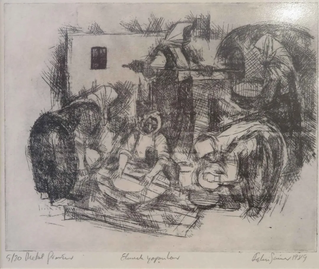 yakınlaştır "Ekmek yapanlar" eseri FAHRİ SÜMER tarafından 1987 yılında 18x25 cm ölçülerinde Gravür tekniği ile yapılmıştır.
