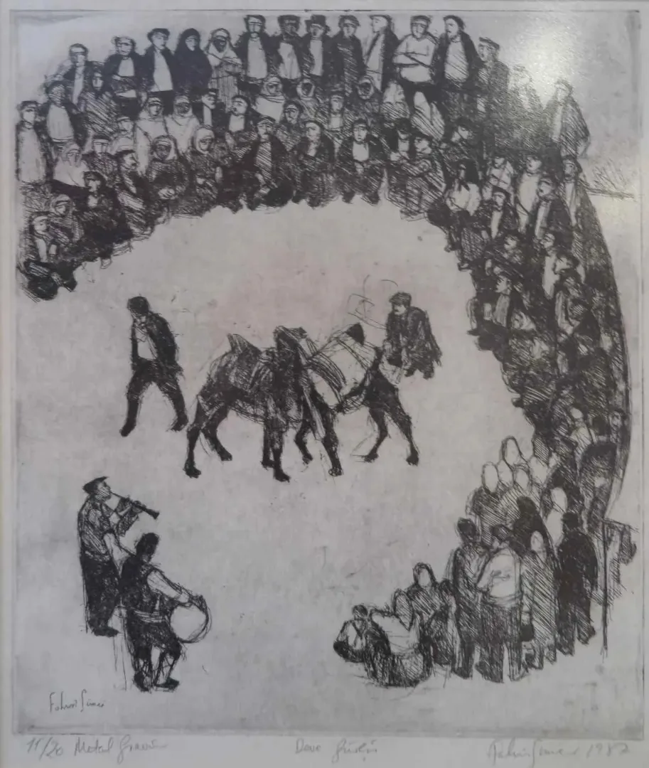 yakınlaştır "Deve güreşi" eseri FAHRİ SÜMER tarafından 1987 yılında 34x28 cm ölçülerinde Gravür tekniği ile yapılmıştır.