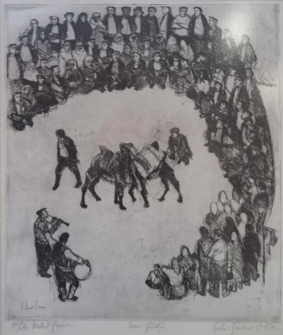FAHRİ SÜMER — “Deve güreşi”, 1987 "Deve güreşi" eseri FAHRİ SÜMER tarafından 1987 yılında 34x28 cm ölçülerinde Gravür tekniği ile yapılmıştır.