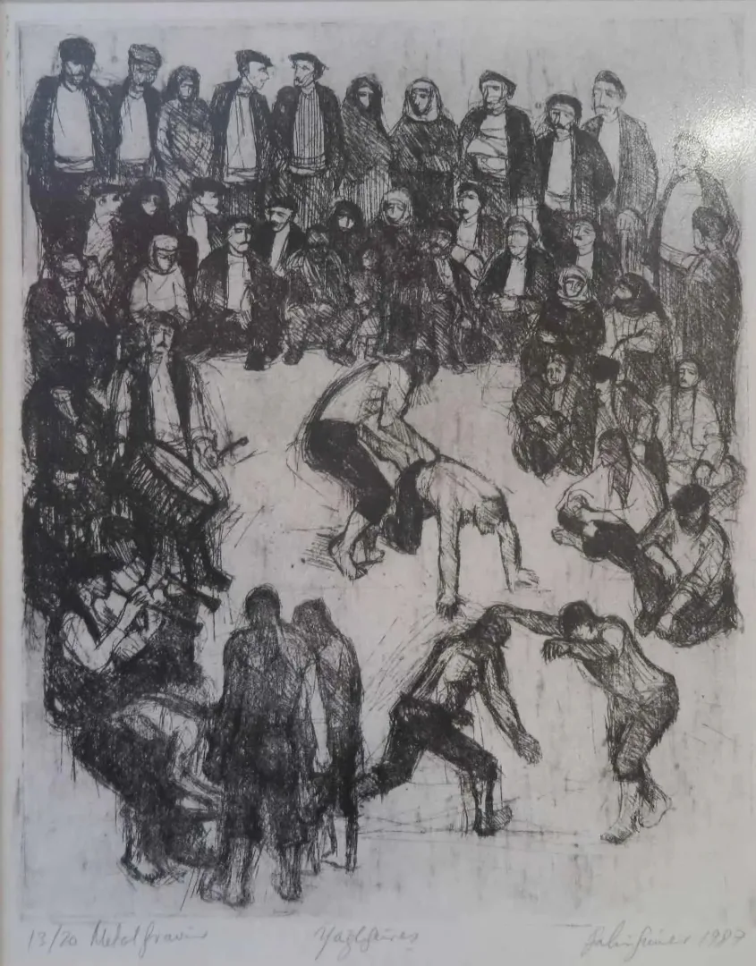 yakınlaştır "Yağlı güreş" eseri FAHRİ SÜMER tarafından 1987 yılında 34x28 cm ölçülerinde Gravür tekniği ile yapılmıştır.