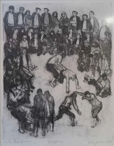 FAHRİ SÜMER — “Yağlı güreş”, 1987 "Yağlı güreş" eseri FAHRİ SÜMER tarafından 1987 yılında 34x28 cm ölçülerinde Gravür tekniği ile yapılmıştır.