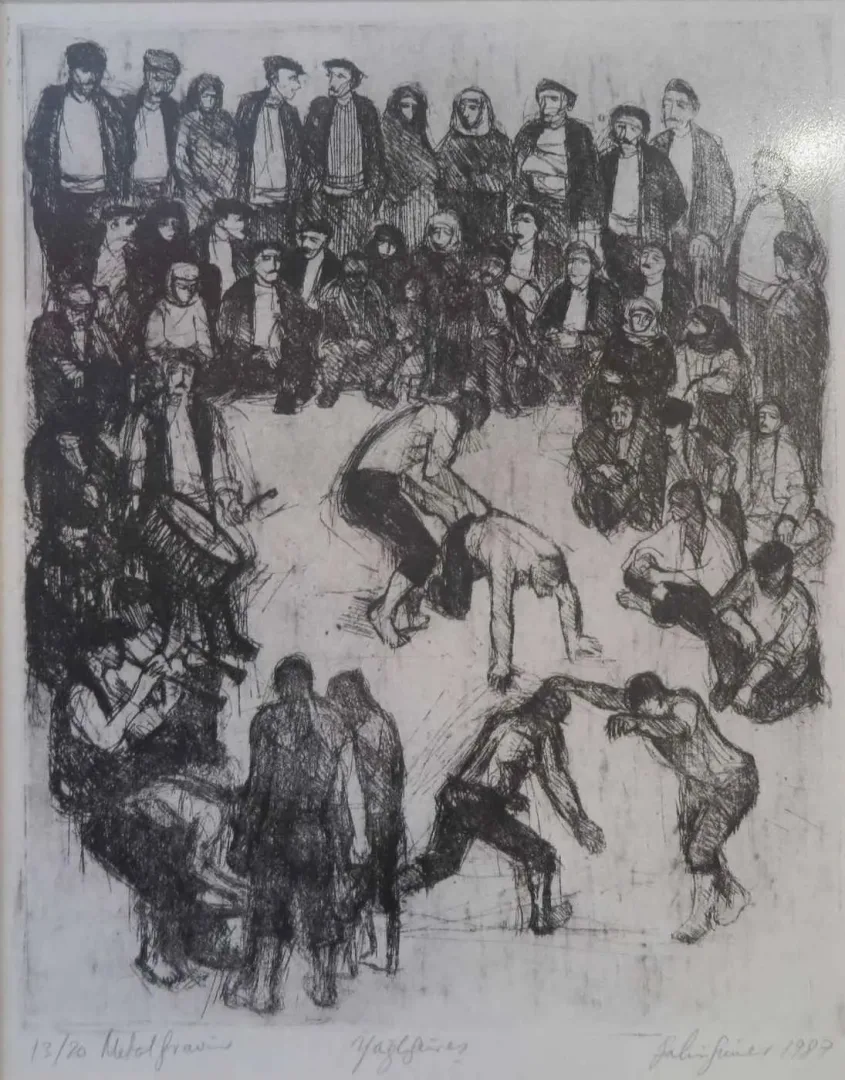 yakınlaştır "Yağlı güreş" eseri FAHRİ SÜMER tarafından 1987 yılında 34x28 cm ölçülerinde Gravür tekniği ile yapılmıştır.