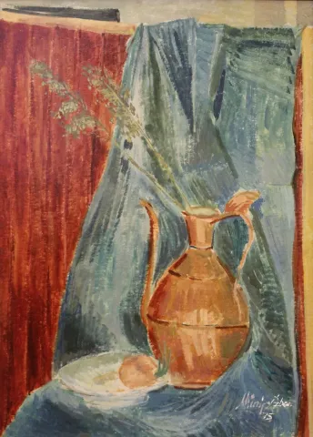 "İbrikli Natürmort" eseri MÜNİP ÖZBEN tarafından 1975 yılında 70x50 cm ölçülerinde Tuval üzeri yağlı boya tekniği ile yapılmıştır.