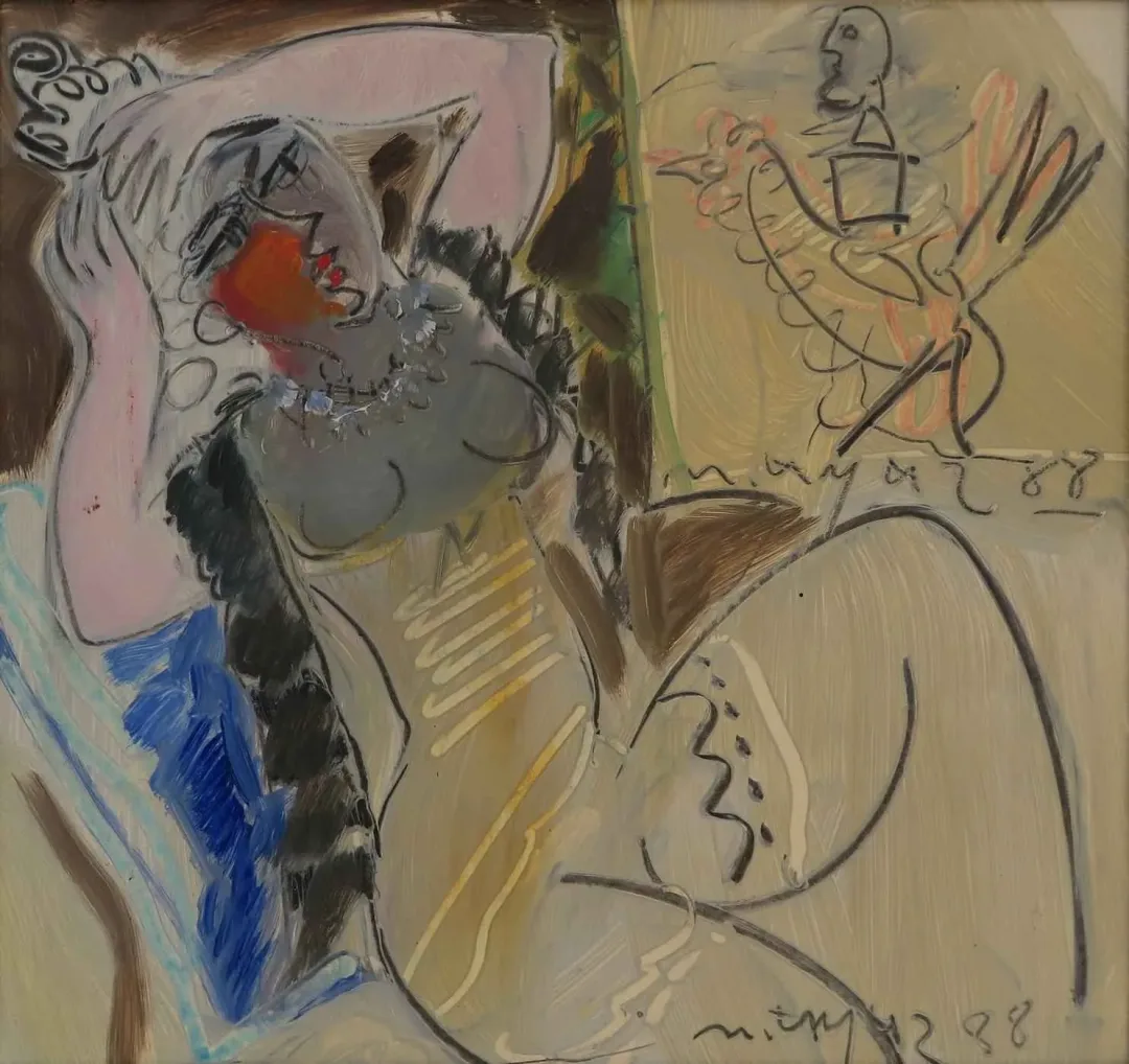 "isimsiz" eseri MUSTAFA AYAZ tarafından 1988 yılında 35x35 cm ölçülerinde Duralit üzeri yağlı boya tekniği ile yapılmıştır.