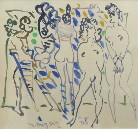 MUSTAFA AYAZ — “isimsiz”, 1988 "isimsiz" eseri MUSTAFA AYAZ tarafından 1988 yılında 32x34 cm ölçülerinde Kağıt üzeri sulu boya tekniği ile yapılmıştır.