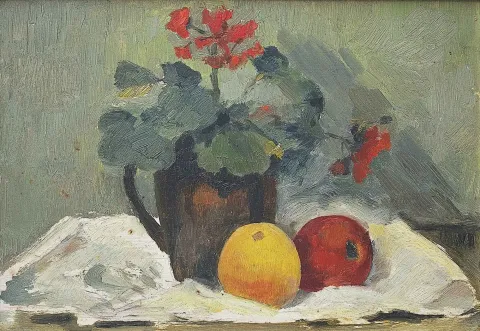 "Natürmort" eseri NURETTİN ERGÜVEN tarafından 20x28 cm ölçülerinde Duralit üzeri yağlı boya tekniği ile yapılmıştır.