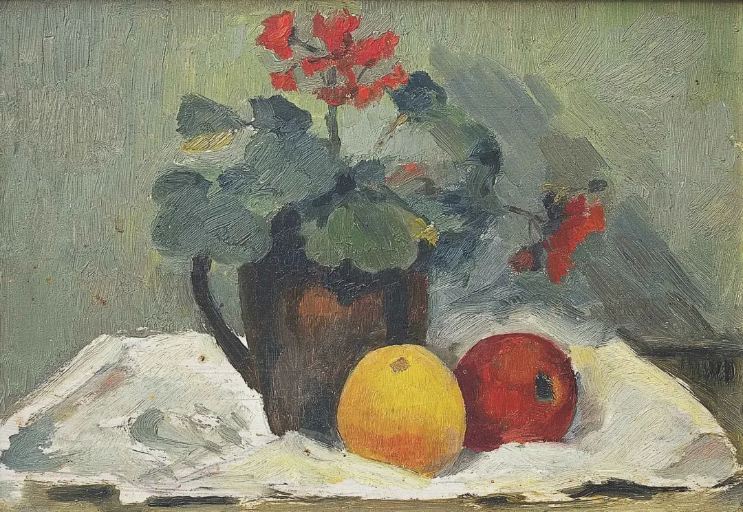 yakınlaştır "Natürmort" eseri NURETTİN ERGÜVEN tarafından 20x28 cm ölçülerinde Duralit üzeri yağlı boya tekniği ile yapılmıştır.