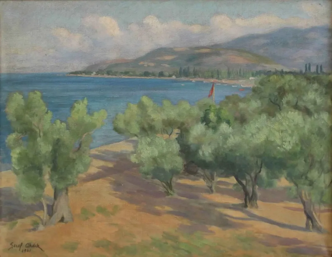 yakınlaştır "Ayvalıkta Zeytinlikler" eseri ŞEREF AKDİK tarafından 1961 yılında 50x65 cm ölçülerinde Tuval üzeri yağlı boya tekniği ile yapılmıştır.