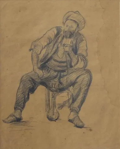 "Nargile İçen Adam" eseri ŞEREF AKDİK tarafından 28x22 cm ölçülerinde Desen tekniği ile yapılmıştır.