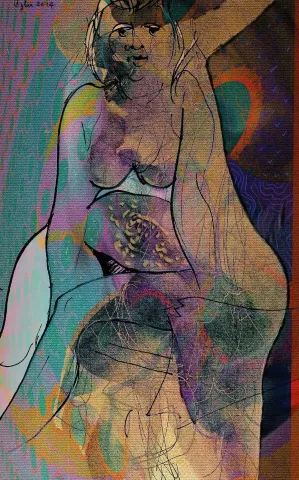 "Plajda Oturan Kadın" eseri NECMETTİN ÖZLÜ tarafından 2014 yılında 79x50 cm ölçülerinde Hahnemühle kağıt üzeri karışık teknik tekniği ile yapılmıştır.