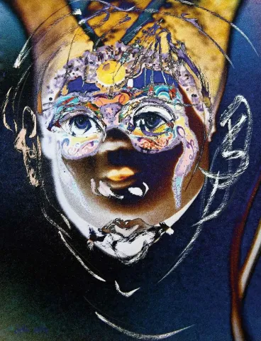 "Maskeli Genç" eseri NECMETTİN ÖZLÜ tarafından 2014 yılında 60x47 cm ölçülerinde Hahnemühle kağıt üzeri karışık teknik tekniği ile yapılmıştır.