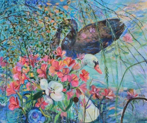 "Kuğular / The Swans" eseri NİL KÖKEN tarafından 2015 yılında 100x120 cm ölçülerinde Tuval üzeri yağlı boya tekniği ile yapılmıştır.