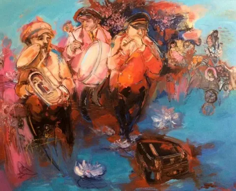 "Neşe" eseri PERUZE HAMURCU tarafından 2015 yılında 80x90 cm ölçülerinde Tuval üzeri yağlı boya tekniği ile yapılmıştır.