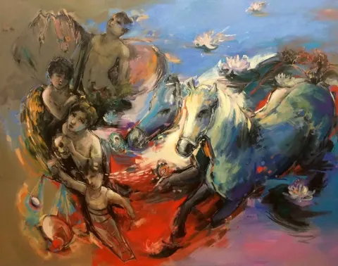 "Mahşerin Dört Atlısı" eseri PERUZE HAMURCU tarafından 2015 yılında 114x146 cm ölçülerinde Tuval üzeri yağlı boya tekniği ile yapılmıştır.