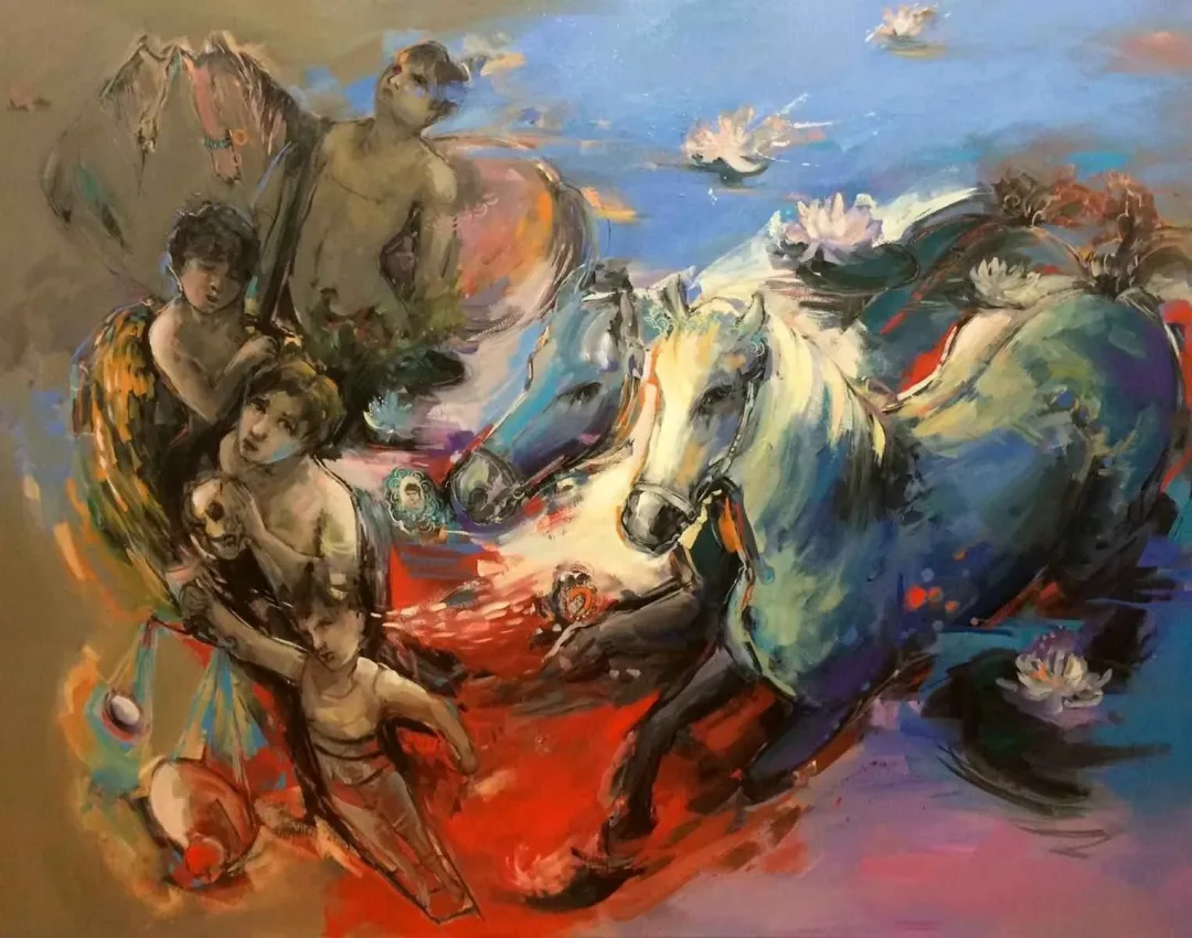 yakınlaştır "Mahşerin Dört Atlısı" eseri PERUZE HAMURCU tarafından 2015 yılında 114x146 cm ölçülerinde Tuval üzeri yağlı boya tekniği ile yapılmıştır.