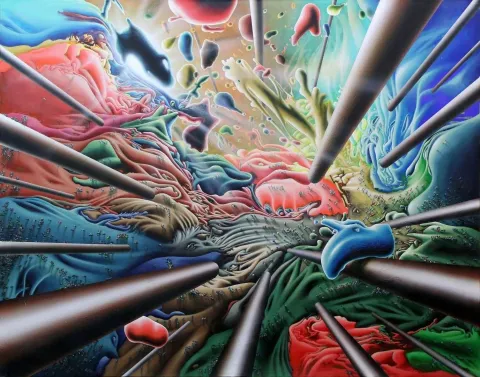 "Araf" eseri RAŞİT ALTUN tarafından 110x140 cm ölçülerinde Tuval üzeri akrilik boya tekniği ile yapılmıştır.