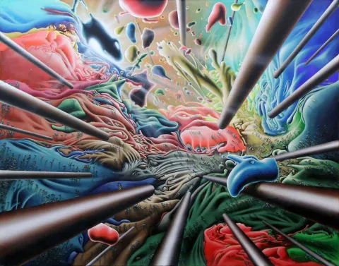 "Araf" eseri RAŞİT ALTUN tarafından 110x140 cm ölçülerinde Tuval üzeri akrilik boya tekniği ile yapılmıştır.