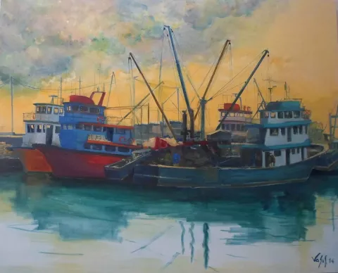 VASIF PEHLİVANOĞLU — “Balıkçı Tekneleri”, 2014 "Balıkçı Tekneleri" eseri VASIF PEHLİVANOĞLU tarafından 2014 yılında 114x140 cm ölçülerinde Tuval üzeri yağlı boya tekniği ile yapılmıştır.