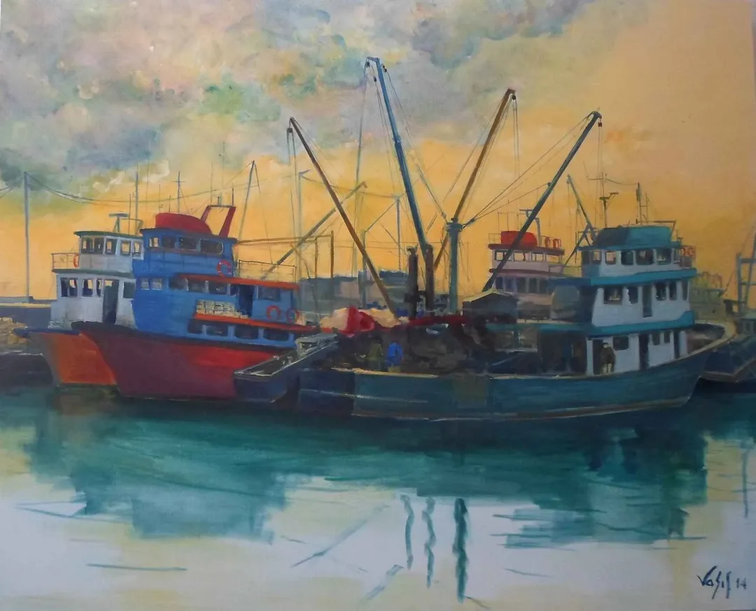 yakınlaştır "Balıkçı Tekneleri" eseri VASIF PEHLİVANOĞLU tarafından 2014 yılında 114x140 cm ölçülerinde Tuval üzeri yağlı boya tekniği ile yapılmıştır.