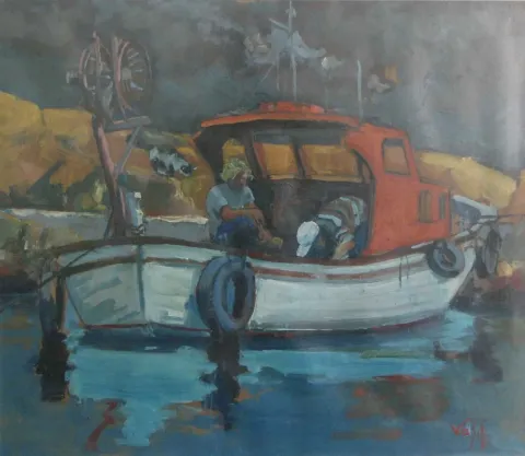 VASIF PEHLİVANOĞLU — “Balıkçı ve Kedisi Kağıt”, 2013 "Balıkçı ve Kedisi Kağıt" eseri VASIF PEHLİVANOĞLU tarafından 2013 yılında 43x50 cm ölçülerinde Tuval üzeri yağlı boya tekniği ile yapılmıştır.