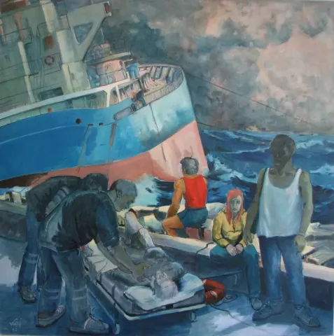 VASIF PEHLİVANOĞLU — “Deniz Kazası-I”, 2014 "Deniz Kazası-I" eseri VASIF PEHLİVANOĞLU tarafından 2014 yılında 160x160 cm ölçülerinde Tuval üzeri yağlı boya tekniği ile yapılmıştır.