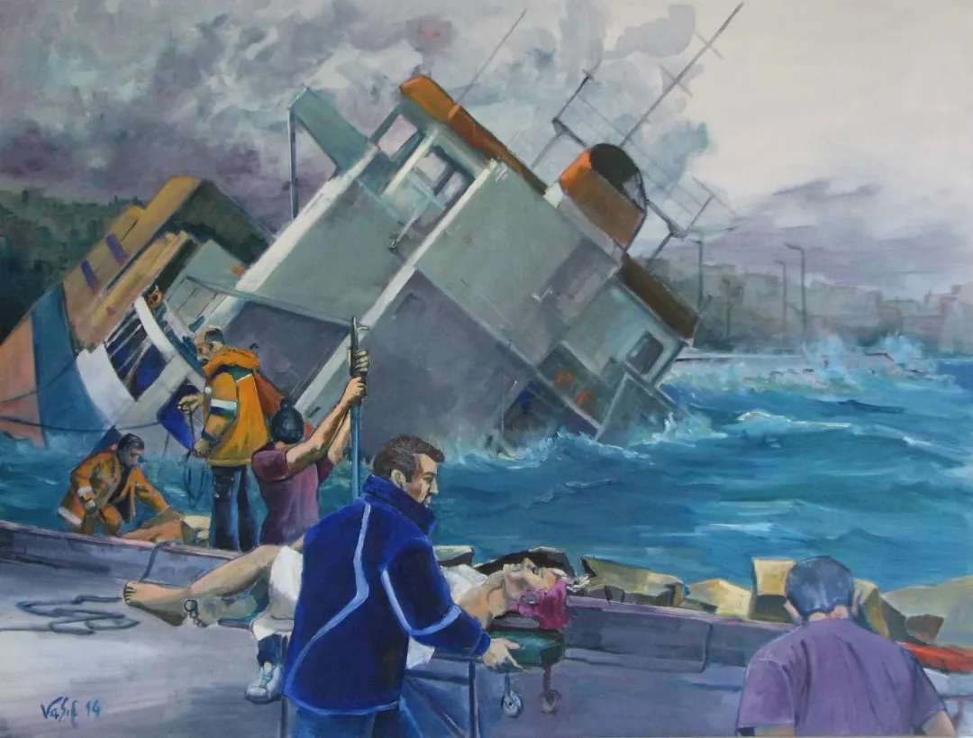 "Deniz Kazası-II" eseri VASIF PEHLİVANOĞLU tarafından 2014 yılında 114x150 cm ölçülerinde Tuval üzeri yağlı boya tekniği ile yapılmıştır.