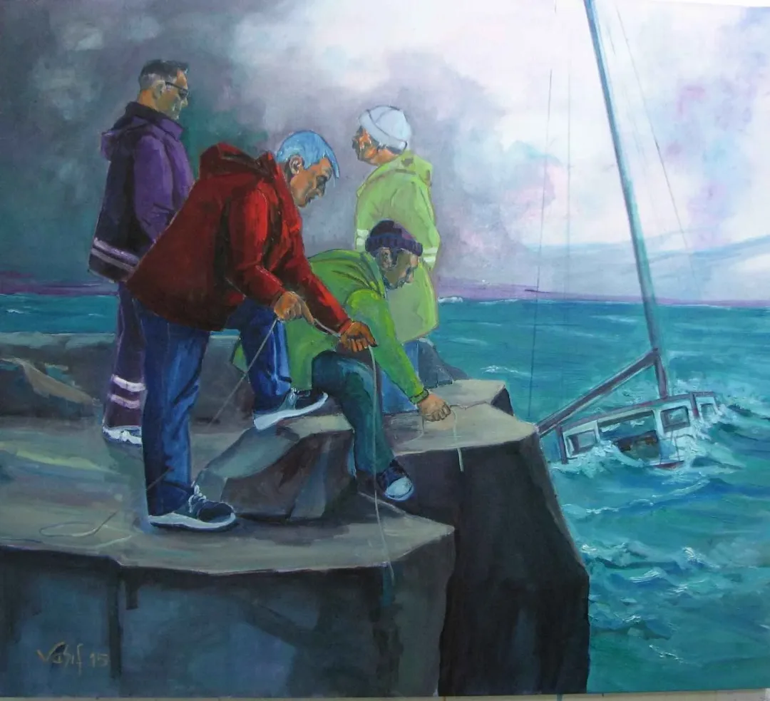 yakınlaştır "Deniz Kazası-IV" eseri VASIF PEHLİVANOĞLU tarafından 2015 yılında 125x140 cm ölçülerinde Tuval üzeri yağlı boya tekniği ile yapılmıştır.