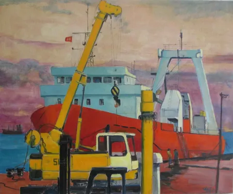 VASIF PEHLİVANOĞLU — “Rıhtım”, 2013 "Rıhtım" eseri VASIF PEHLİVANOĞLU tarafından 2013 yılında 116x140 cm ölçülerinde Tuval üzeri yağlı boya tekniği ile yapılmıştır.