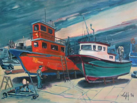 VASIF PEHLİVANOĞLU — “Tamirde Tekneler”, 2014 "Tamirde Tekneler" eseri VASIF PEHLİVANOĞLU tarafından 2014 yılında 60x80 cm ölçülerinde Tuval üzeri yağlı boya tekniği ile yapılmıştır.
