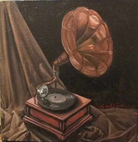 DEVRİM DEMİRAL — “Gramofon”, 2015 "Gramofon" eseri DEVRİM DEMİRAL tarafından 2015 yılında 25x25 cm ölçülerinde Tuval üzeri yağlı boya tekniği ile yapılmıştır.