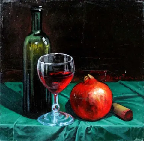DEVRİM DEMİRAL — “Şarap-II”, 2015 "Şarap-II" eseri DEVRİM DEMİRAL tarafından 2015 yılında 25x25 cm ölçülerinde Tuval üzeri yağlı boya tekniği ile yapılmıştır.