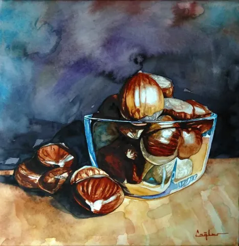 ÇAĞLAR ÖZTÜRK — “Kestane”, 2015 "Kestane" eseri ÇAĞLAR ÖZTÜRK tarafından 2015 yılında 25x25 cm ölçülerinde Kağıt üzeri sulu boya tekniği ile yapılmıştır.