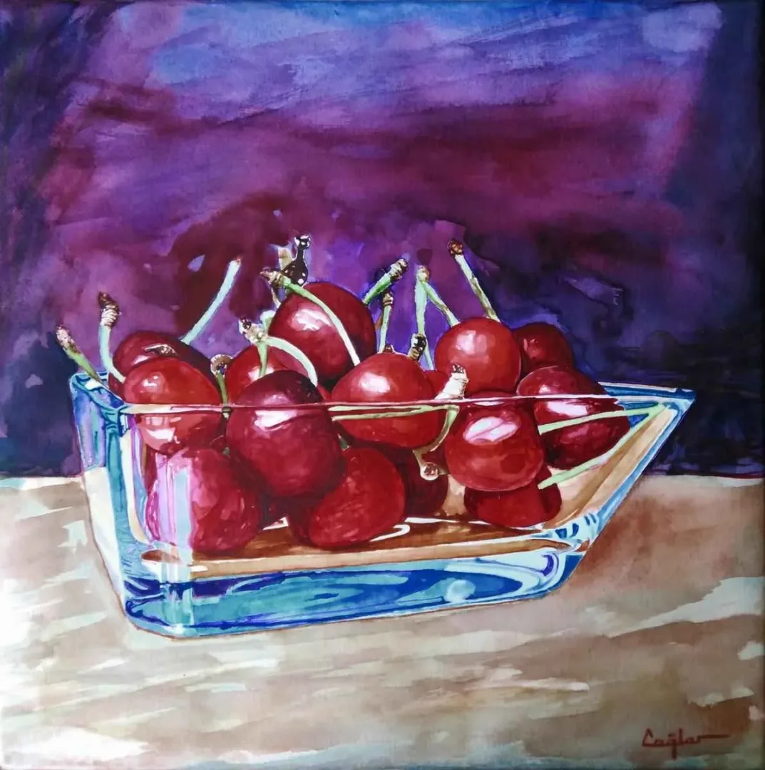 yakınlaştır "Kirazlar" eseri ÇAĞLAR ÖZTÜRK tarafından 2015 yılında 25x25 cm ölçülerinde Kağıt üzeri sulu boya tekniği ile yapılmıştır.