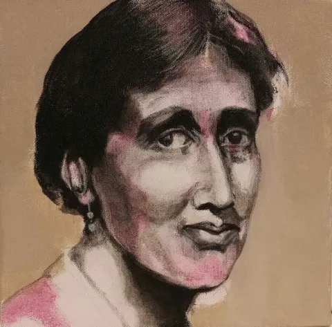 "Virginia Woolf" eseri ÇİĞDEM DOĞAN tarafından 2015 yılında 25x25 cm ölçülerinde Tuval üzeri akrilik boya tekniği ile yapılmıştır.