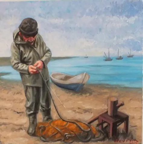 DEVRİM DEMİRAL — “Balıkçı”, 2015 "Balıkçı" eseri DEVRİM DEMİRAL tarafından 2015 yılında 25x25 cm ölçülerinde Tuval üzeri yağlı boya tekniği ile yapılmıştır.