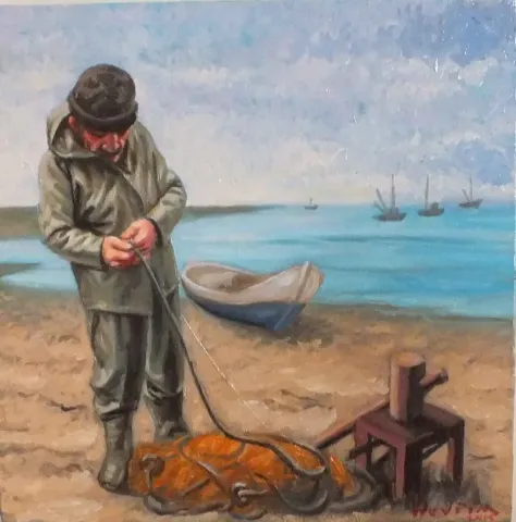 DEVRİM DEMİRAL — “Balıkçı”, 2015 "Balıkçı" eseri DEVRİM DEMİRAL tarafından 2015 yılında 25x25 cm ölçülerinde Tuval üzeri yağlı boya tekniği ile yapılmıştır.