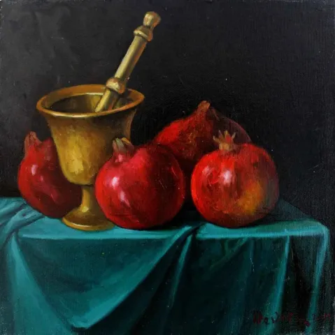 DEVRİM DEMİRAL — “Nar”, 2015 "Nar" eseri DEVRİM DEMİRAL tarafından 2015 yılında 25x25 cm ölçülerinde Tuval üzeri yağlı boya tekniği ile yapılmıştır.