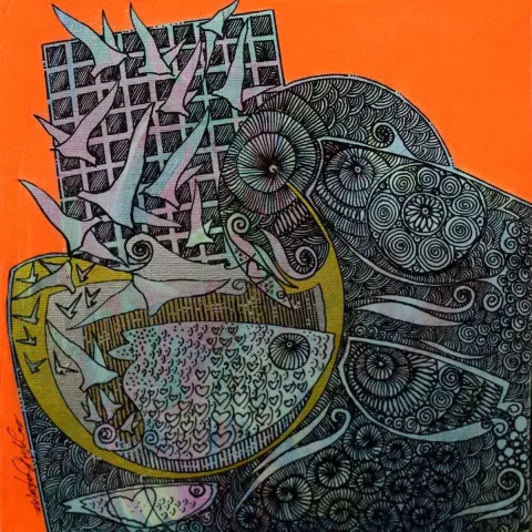 "isimsiz" eseri ENGİN KORKMAZ tarafından 2015 yılında 25x25 cm ölçülerinde Tuval üzeri akrilik boya tekniği ile yapılmıştır.