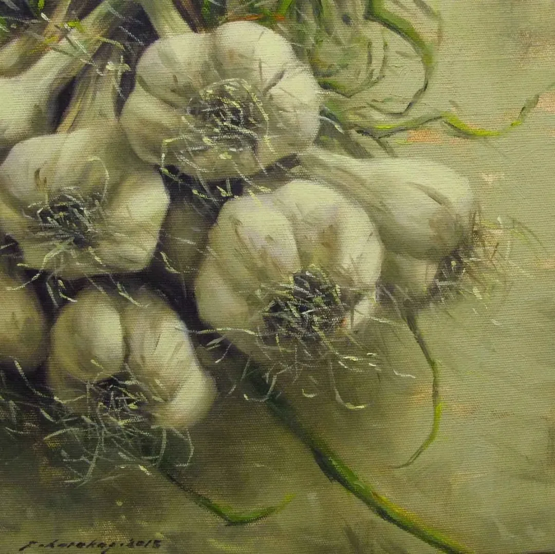 yakınlaştır "Sarımsak-II" eseri FATİH KARAKAŞ tarafından 2015 yılında 25x25 cm ölçülerinde Tuval üzeri yağlı boya tekniği ile yapılmıştır.