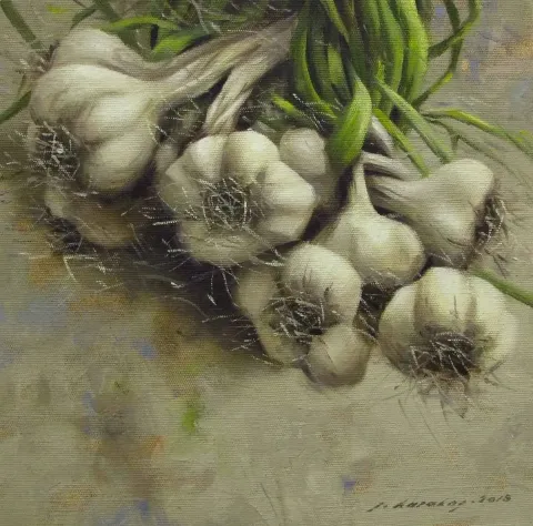 "Sarımsak-III" eseri FATİH KARAKAŞ tarafından 2015 yılında 25x25 cm ölçülerinde Tuval üzeri yağlı boya tekniği ile yapılmıştır.