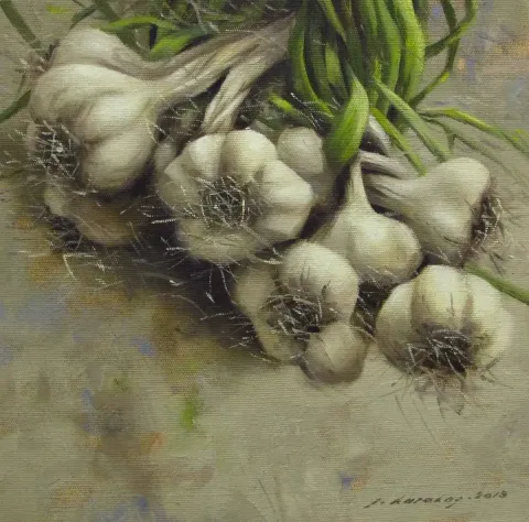 FATİH KARAKAŞ — “Sarımsak-III”, 2015 "Sarımsak-III" eseri FATİH KARAKAŞ tarafından 2015 yılında 25x25 cm ölçülerinde Tuval üzeri yağlı boya tekniği ile yapılmıştır.