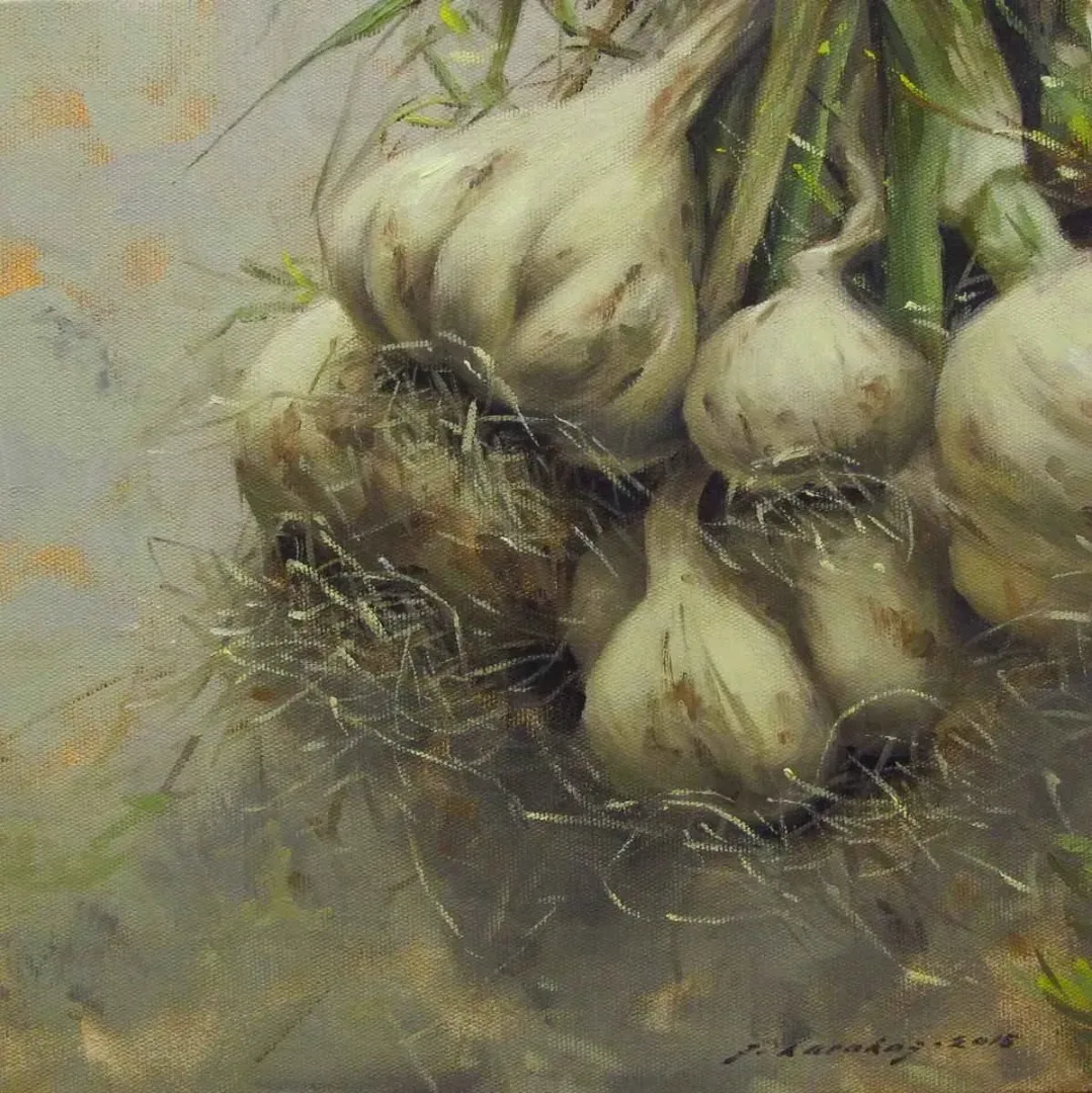 yakınlaştır "Sarımsak-IV" eseri FATİH KARAKAŞ tarafından 2015 yılında 25x25 cm ölçülerinde Tuval üzeri yağlı boya tekniği ile yapılmıştır.