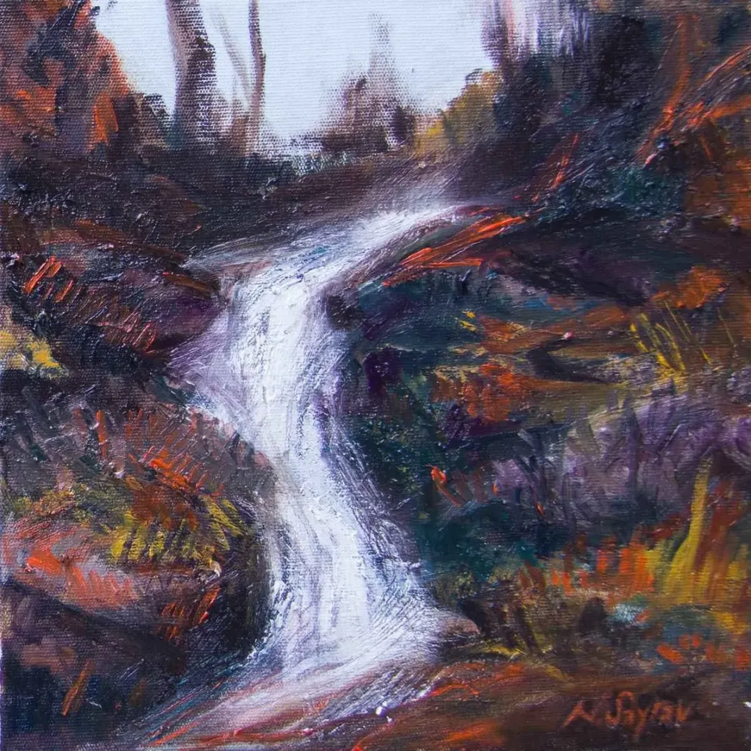 "Şelale" eseri NİLAY SAYRAV tarafından 2015 yılında 25x25 cm ölçülerinde Tuval üzeri yağlı boya tekniği ile yapılmıştır.
