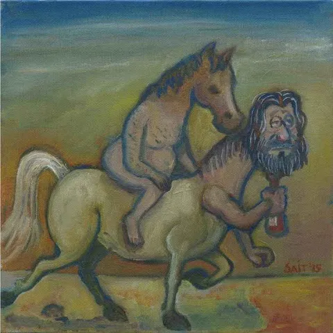 "çiftbaşlılık" eseri SAİT OKTAY tarafından 2015 yılında 25x25 cm ölçülerinde Tuval üzeri yağlı boya tekniği ile yapılmıştır.