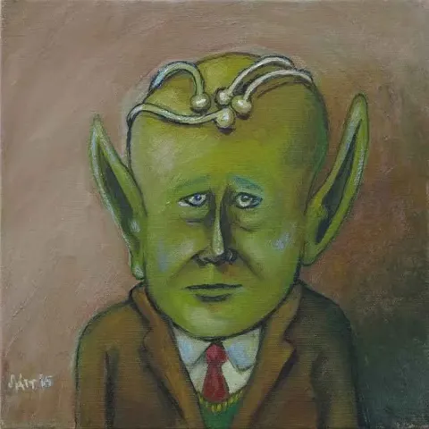 "tekaütlük beyleyen uzaylı" eseri SAİT OKTAY tarafından 2015 yılında 25x25 cm ölçülerinde Tuval üzeri yağlı boya tekniği ile yapılmıştır.