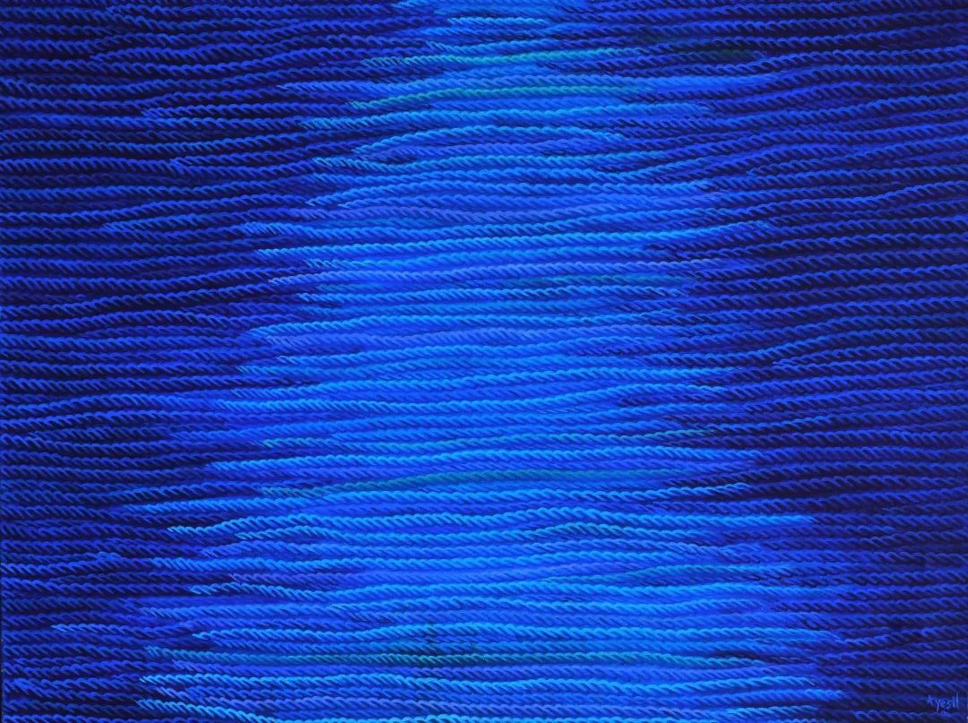 "Mavi Üzerine Notlar" eseri AHMET YEŞİL tarafından 2014 yılında 90x120 cm ölçülerinde Tuval üzeri yağlı boya tekniği ile yapılmıştır.