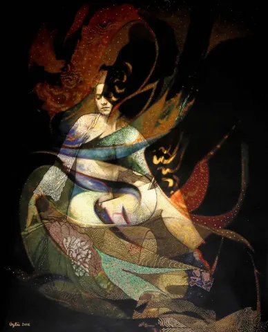 NECMETTİN ÖZLÜ — “Ay Işığında”, 2016 "Ay Işığında" eseri NECMETTİN ÖZLÜ tarafından 2016 yılında 100x80 cm ölçülerinde Tuval üzeri karışık teknik tekniği ile yapılmıştır.