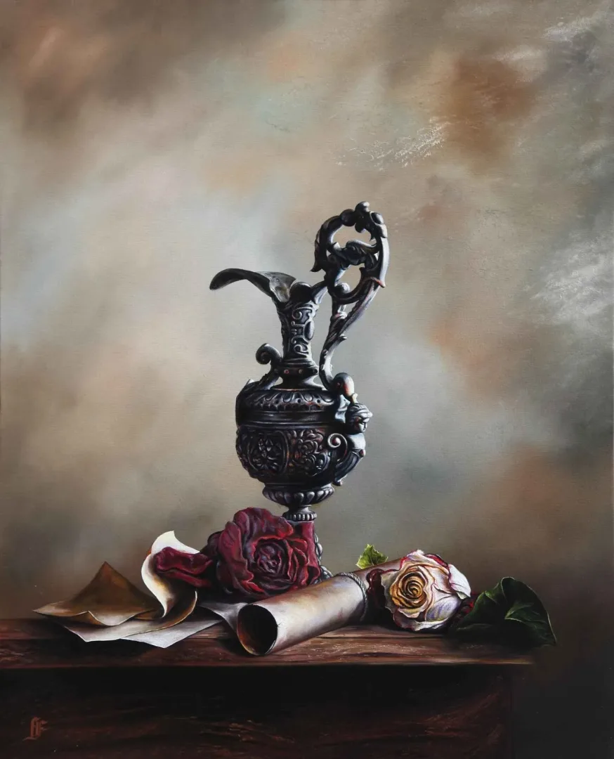 "Veda" eseri HÜSEYİN FEYZULLAH tarafından 2016 yılında 100x80 cm ölçülerinde Tuval üzeri yağlı boya tekniği ile yapılmıştır.