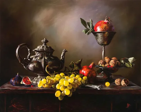 "Natürmort" eseri HÜSEYİN FEYZULLAH tarafından 2016 yılında 80x100 cm ölçülerinde Tuval üzeri yağlı boya tekniği ile yapılmıştır.